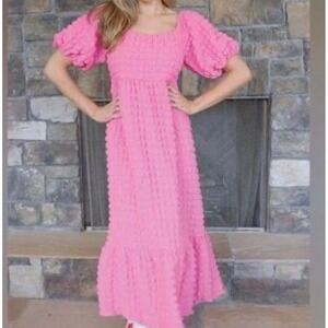 Simply Southern Pink Maxi Dress Smocked Puff Sleeve Tiered Ruffle Dress Sz S